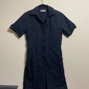 Everlane The Cotton Weave Striped Short Sleeve Romper Size 2 Navy Blue